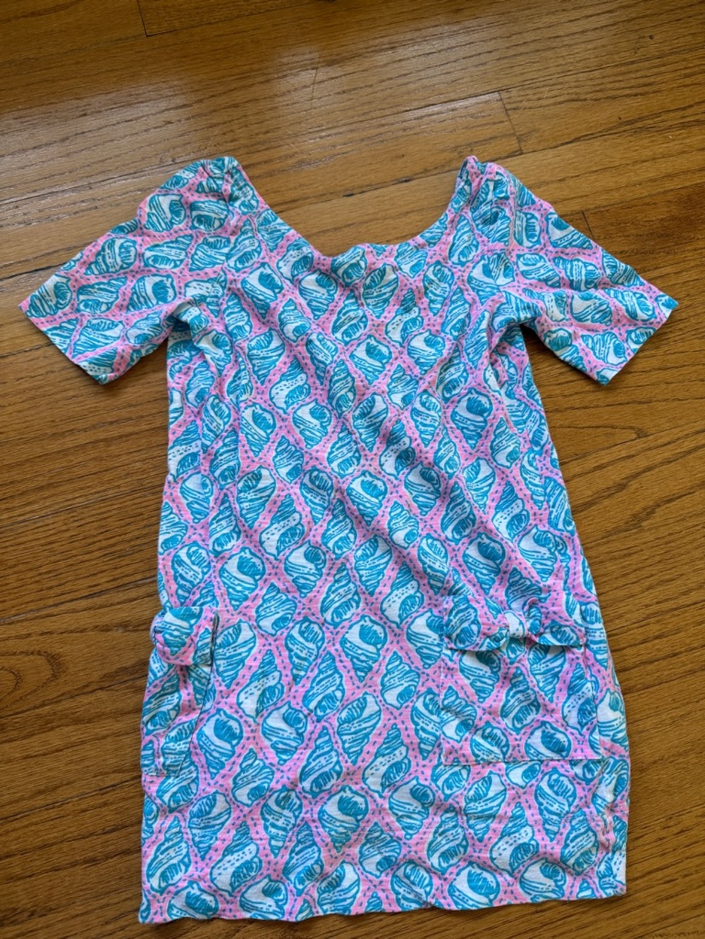 Sea Shell Print Short Sleeve Shift Dress - Pink & Teal size 4/5